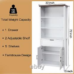 5-Tires Farmhouse Storage Cabinet Floor Standing Bookshelves with Door & Drawer