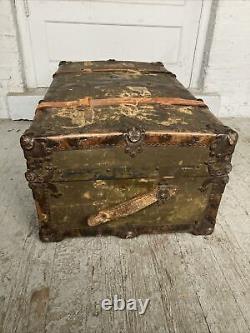 Antique Large Flat Top Storage Chest Vintage Steamer Trunk Leather Straps