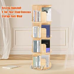 Bookshelf Rotating 4 Tier Wood Storage Bookcase 360 Display Floor Stand Cylinder
