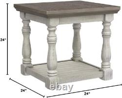 Farmhouse Square End Table with Floor Shelf, Whitewash Gray