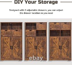 Floor Storage Cabinet with 2 Adjustable Drawers & 2 Barn Doors, Standing Cupboar