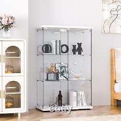Glass Display Cabinet White WithLED Light 3 Shelves 2 Doors Storage Case For Curio