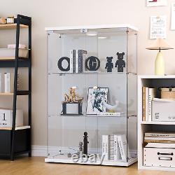 Glass Display Cabinet White WithLED Light 3 Shelves 2 Doors Storage Case For Curio