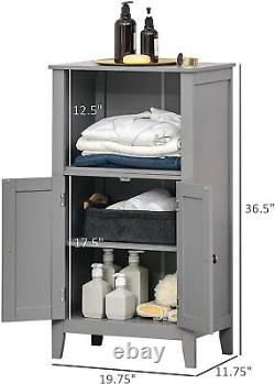 Gray Grey Narrow Wooden Floor Cabinet 4 Tier Bathroom Shelf Towel Storage Doors