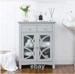 Gray Grey Wooden Linen Storage Floor Cabinet Towel Shelves Organizer Glass Doors