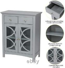 Gray Grey Wooden Linen Storage Floor Cabinet Towel Shelves Organizer Glass Doors