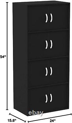 Hodedah 8 Door Bookcase Cabinet, 4 Shelf, Black