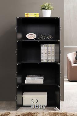 Hodedah 8 Door Bookcase Cabinet, 4 Shelf, Black