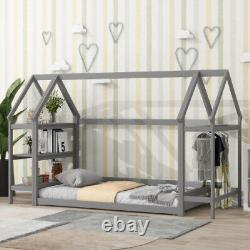 House-Shaped Floor Bed with 2 Detachable Stands House Bed Frames Solid Wood Beds