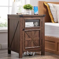 JXQTLINGMU Farmhouse End Table with Charging Station, 18'' Rustic Nightstand wit