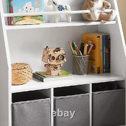 KMB34-W, Children Kids Bookcase with 3 Storage Baskets, Book Shelf Storage Displ