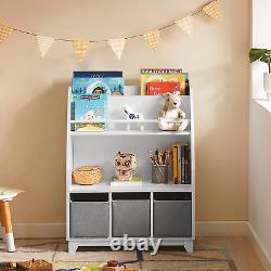KMB34-W, Children Kids Bookcase with 3 Storage Baskets, Book Shelf Storage Displ