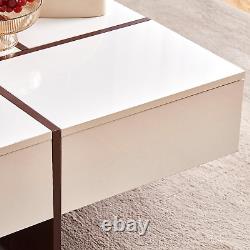 Modern Style Square Coffee Table with 4 Side Drawers, High Gloss and Veneer Fini