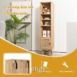 Rattan Storage Cabinet Freestanding Slim Organizer Wood Display Rack Living Room