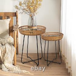Set of 2 Rattan Bamboo Side Tables Multi Functional Natural Design Easy Assembly