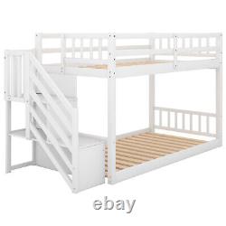 Solid Wood Twin Over Twin Floor Bunk Beds with Stairs Storage Safety Guardrail