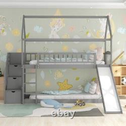 Solid wood kid's double bed, Twin Over Twin Floor Bunk Bed Storage Shelves Space
