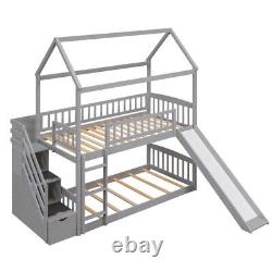 Solid wood kid's double bed, Twin Over Twin Floor Bunk Bed Storage Shelves Space