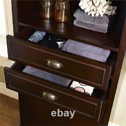 Traditional Tall Bathroom Floor Cabinet 2-Drawer Shelves Storage Wood Dark Brown
