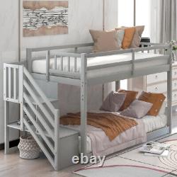 Twin Over Twin Floor Loft Bed Floor Bunk Bed Wood Bunk Bed with Storage Stairs