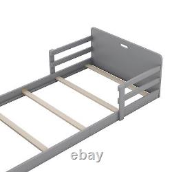 Twin Size Floor Bed with Storage Footboard and Guardrail, Grey