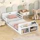 Twin Size Floor Bed with Storage Footboard and Guardrail, White
