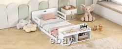 Twin Size Floor Bed with Storage Footboard and Guardrail, White
