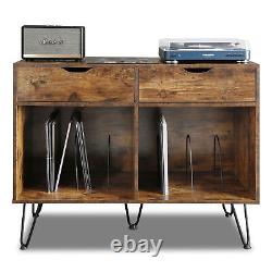 Vinyl Record Player Stand Album Storage Cabinet withPower Port LP Turntable Table