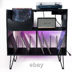 Vinyl Record Player Stand Album Turntable Cabinet with RGB LED + Power Station