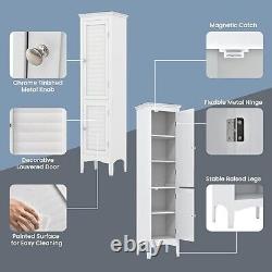 White Finish Wooden Linen Tower Storage Cabinet Tall Organizer Bathroom Towels