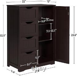 Wooden Bathroom Floor Cabinet, Side Storage Organizer Cabinet with 4 Drawers and